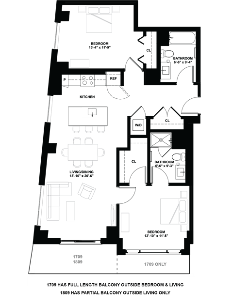 Floor plan for 2 beds, 2 baths, 1139 sqft